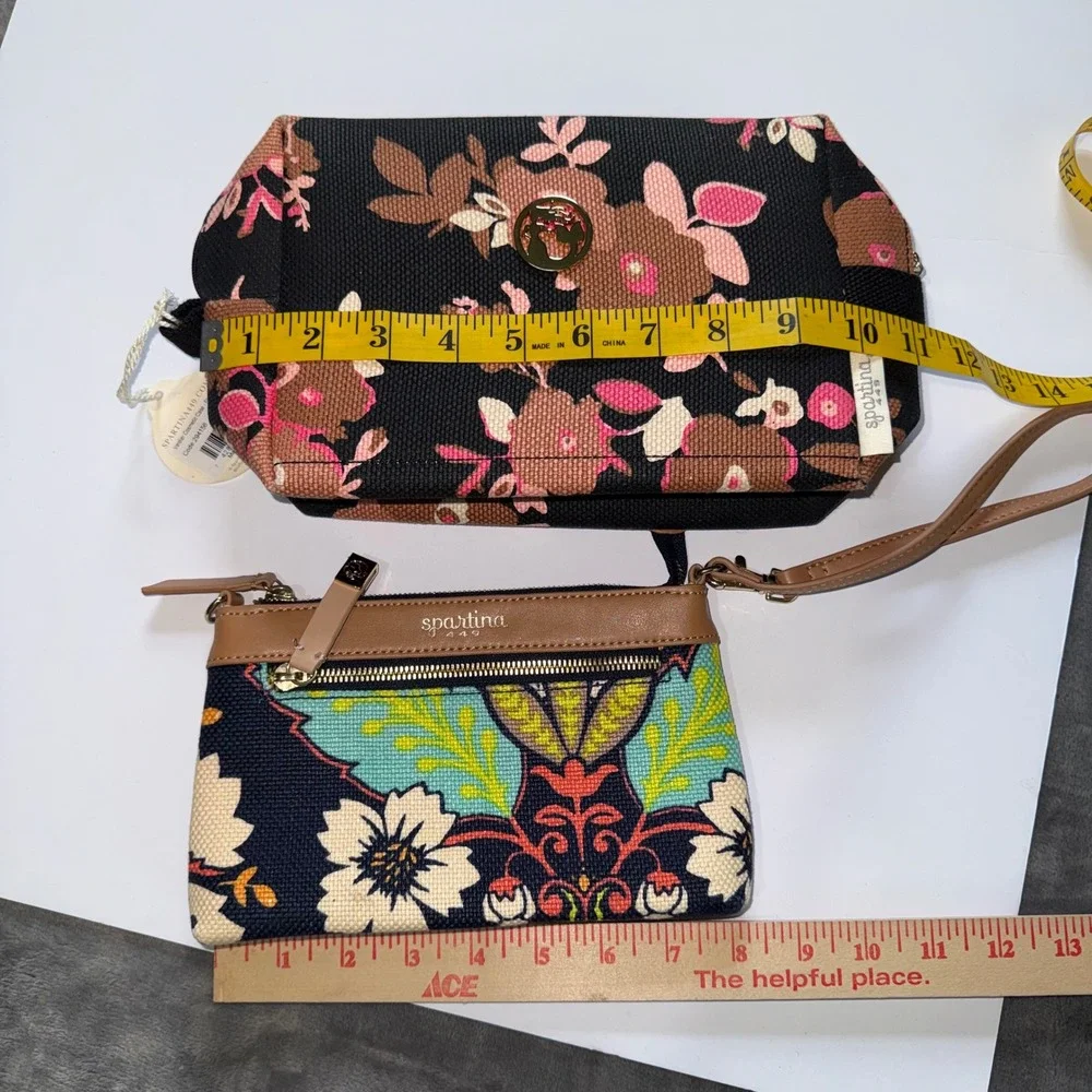 Spartina 449 Cosmetic Case Wristlet‎ 2 Pc Bundle Multi Floral Linen Leather